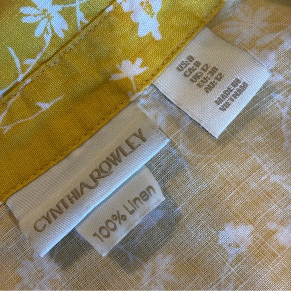 CYNTHIA ROWLEY 100% Linen Sleeveless Collared Midi Yellow Floral Dress‎ Size 8 - Picture 9 of 10